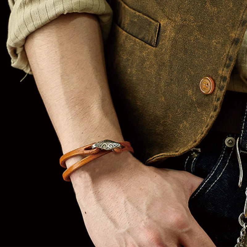 925 Sterling Silver & Leather Multi-Wrap Engraved Buckle Bracelet