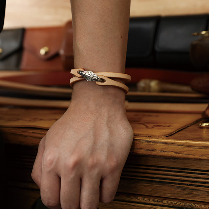 925 Sterling Silver & Leather Multi-Wrap Engraved Buckle Bracelet