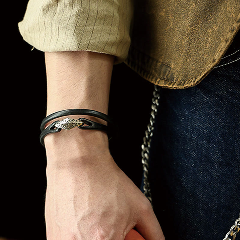 925 Sterling Silver & Leather Multi-Wrap Engraved Buckle Bracelet