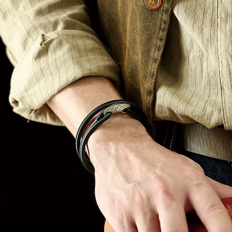925 Sterling Silver & Leather Multi-Wrap Engraved Buckle Bracelet