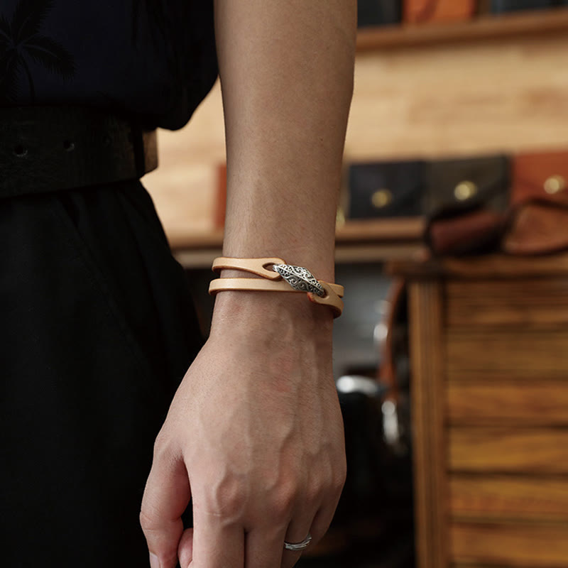 925 Sterling Silver & Leather Multi-Wrap Engraved Buckle Bracelet