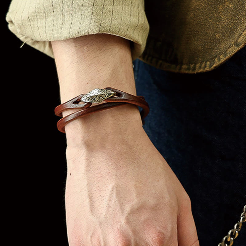 925 Sterling Silver & Leather Multi-Wrap Engraved Buckle Bracelet
