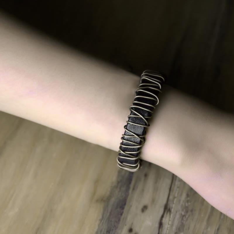 Vintage Leather Copper Brass Wire Wrap Balance Bracelet