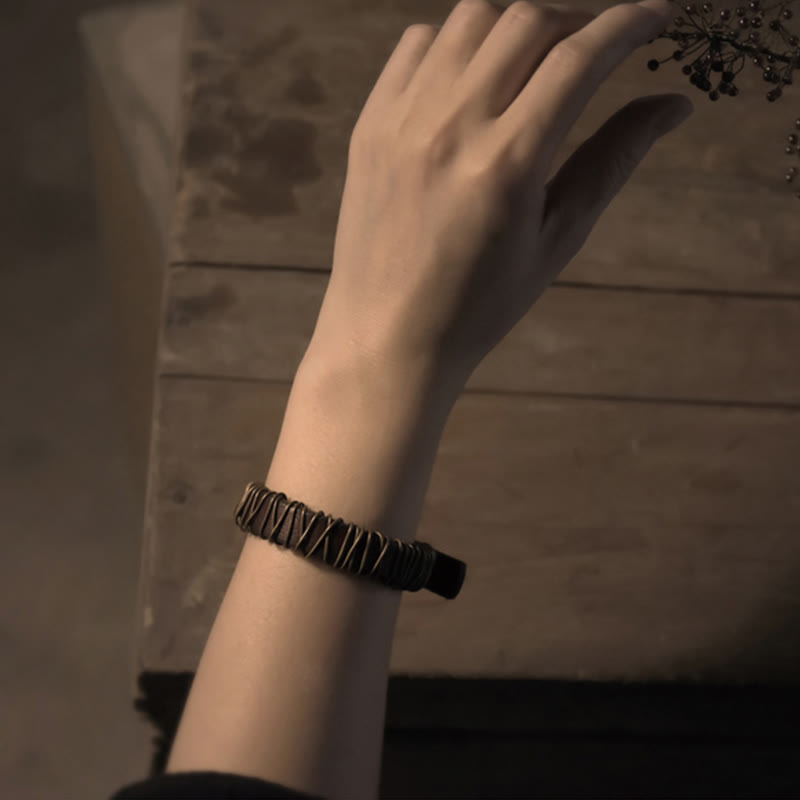 Vintage Leather Copper Brass Wire Wrap Balance Bracelet