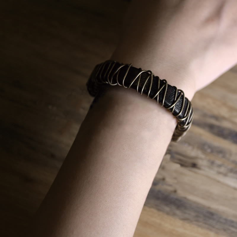 Vintage Leather Copper Brass Wire Wrap Balance Bracelet