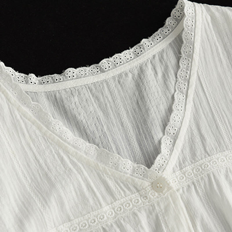 Women's Pure White Lace V-neck Design Half Sleeve Cotton Shirt