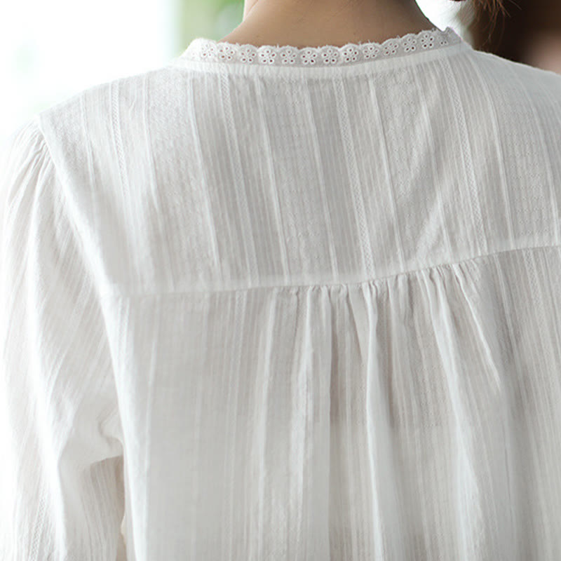 Women's Pure White Lace V-neck Design Half Sleeve Cotton Shirt