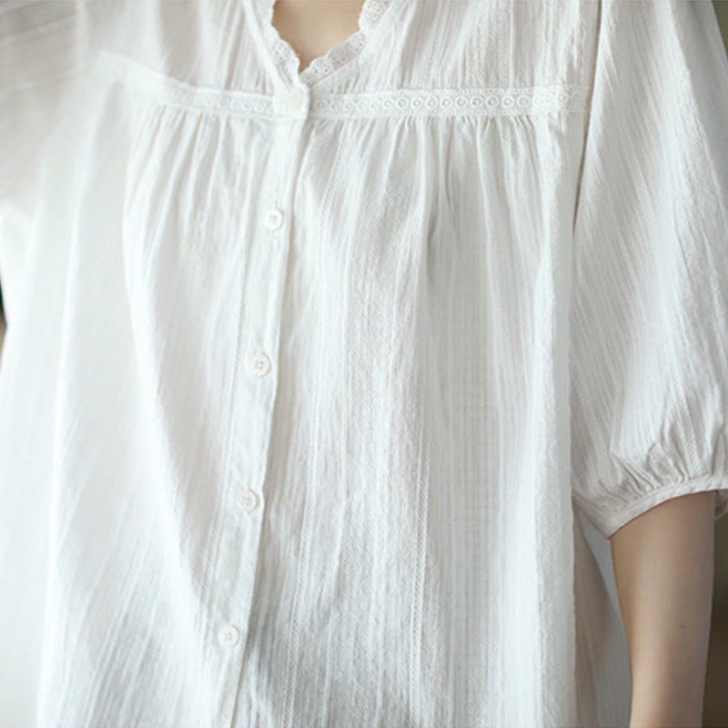 Women's Pure White Lace V-neck Design Half Sleeve Cotton Shirt