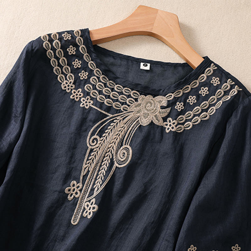 Women's Crew Neck Hollow Design Half Sleeve Cotton Linen Shirt