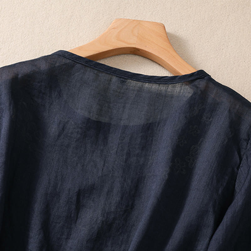 Women's Crew Neck Hollow Design Half Sleeve Cotton Linen Shirt