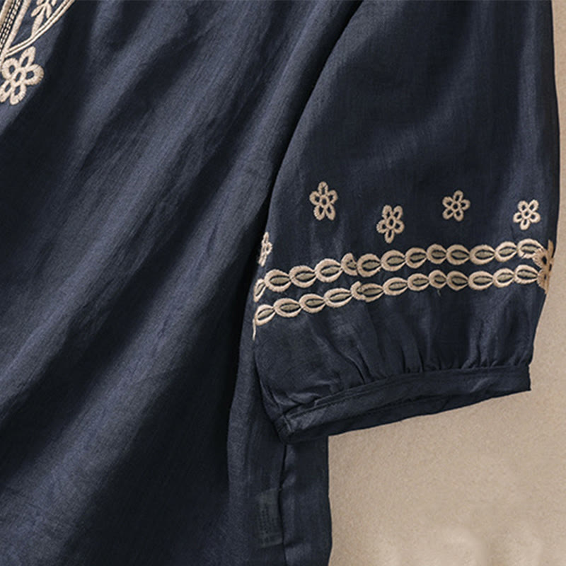 Women's Crew Neck Hollow Design Half Sleeve Cotton Linen Shirt