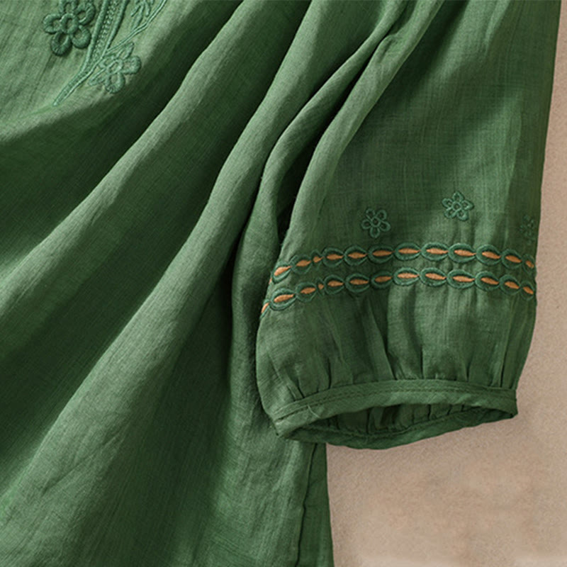 Women's Crew Neck Hollow Design Half Sleeve Cotton Linen Shirt