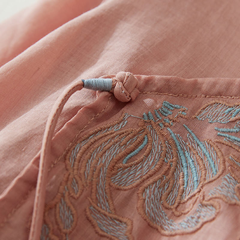 Casual Women's Embroidery Plants Design Three Quarter Sleeve Cotton Linen Shirt