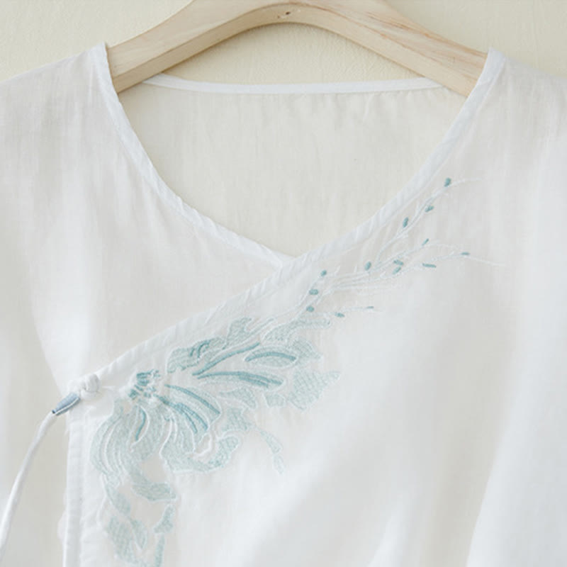 Casual Women's Embroidery Plants Design Three Quarter Sleeve Cotton Linen Shirt