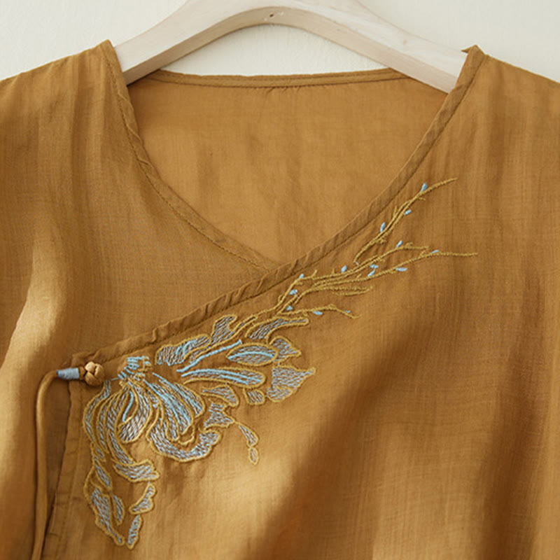 Casual Women's Embroidery Plants Design Three Quarter Sleeve Cotton Linen Shirt
