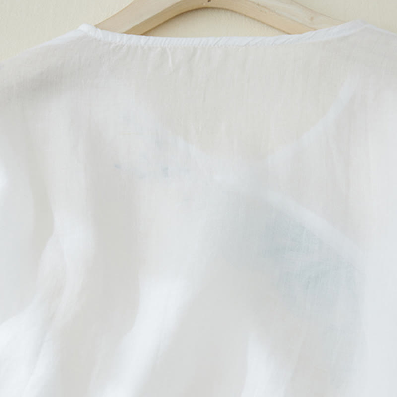 Casual Women's Embroidery Plants Design Three Quarter Sleeve Cotton Linen Shirt