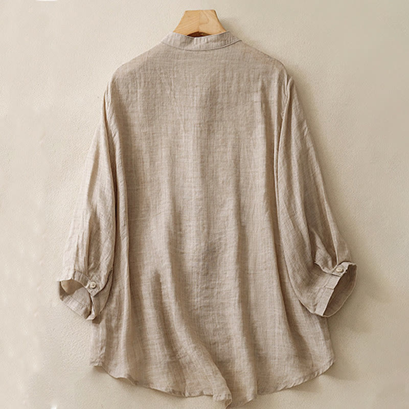 Cotton Linen Embroidered Stand Collar 3/4 Sleeve Mindful Shirt