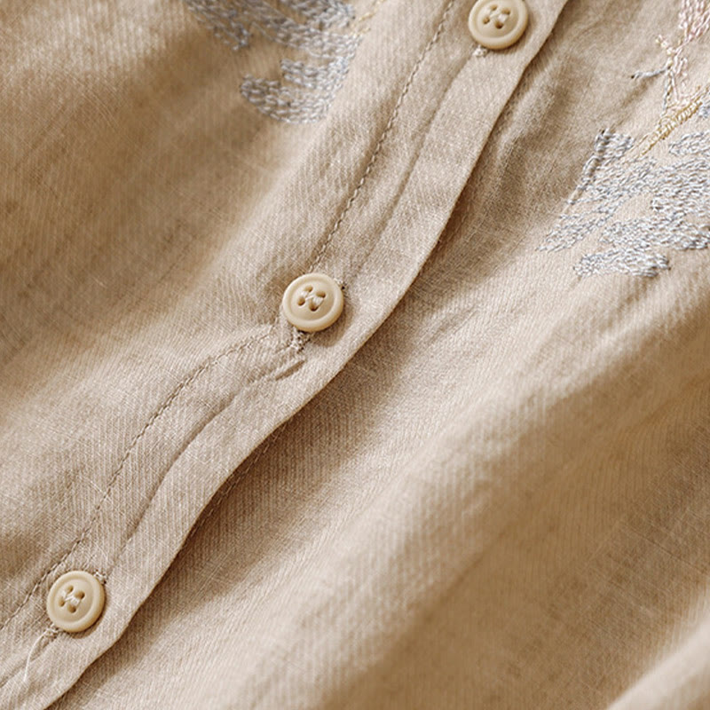 Cotton Linen Embroidered Stand Collar 3/4 Sleeve Mindful Shirt