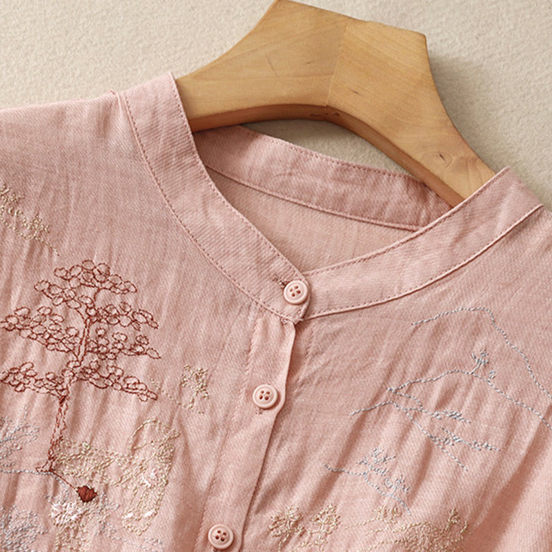 Cotton Linen Embroidered Stand Collar 3/4 Sleeve Mindful Shirt