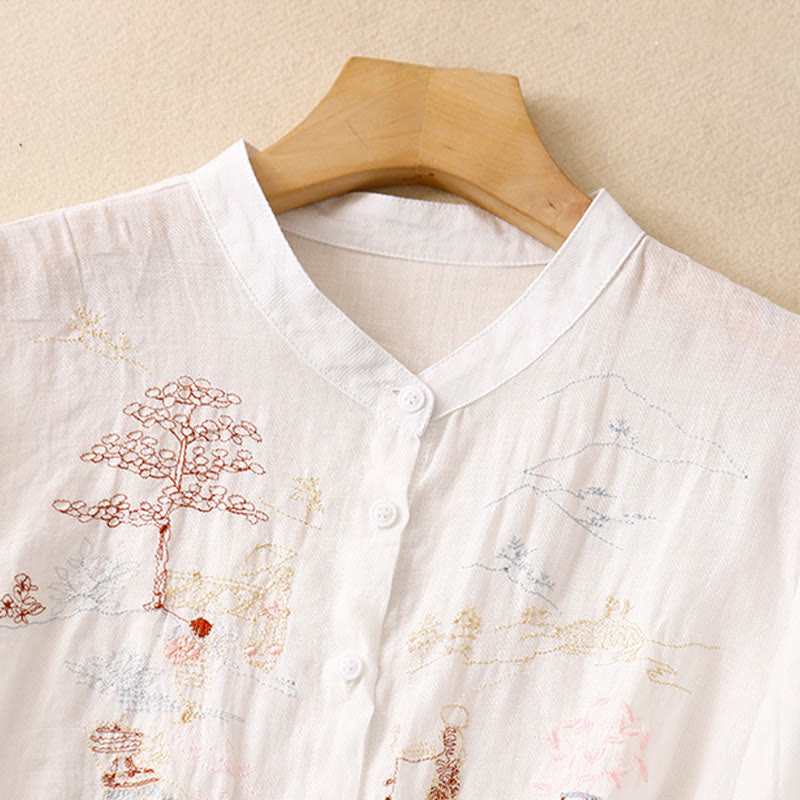 Cotton Linen Embroidered Stand Collar 3/4 Sleeve Mindful Shirt