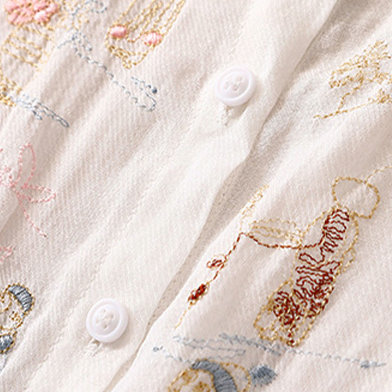 Cotton Linen Embroidered Stand Collar 3/4 Sleeve Mindful Shirt