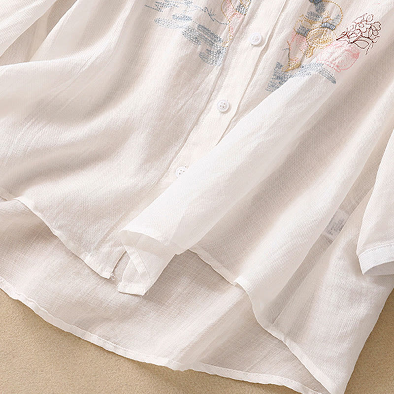 Cotton Linen Embroidered Stand Collar 3/4 Sleeve Mindful Shirt