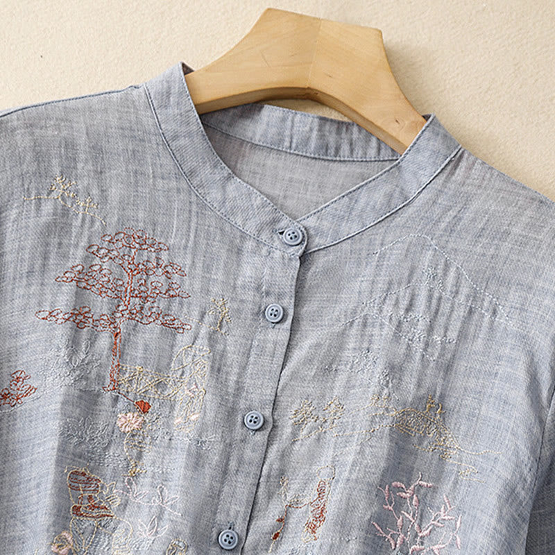 Cotton Linen Embroidered Stand Collar 3/4 Sleeve Mindful Shirt