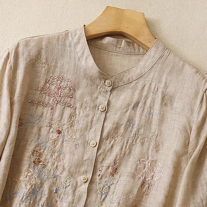 Cotton Linen Embroidered Stand Collar 3/4 Sleeve Mindful Shirt