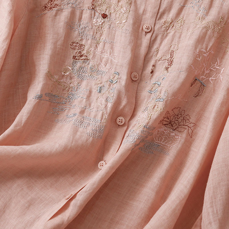 Cotton Linen Embroidered Stand Collar 3/4 Sleeve Mindful Shirt