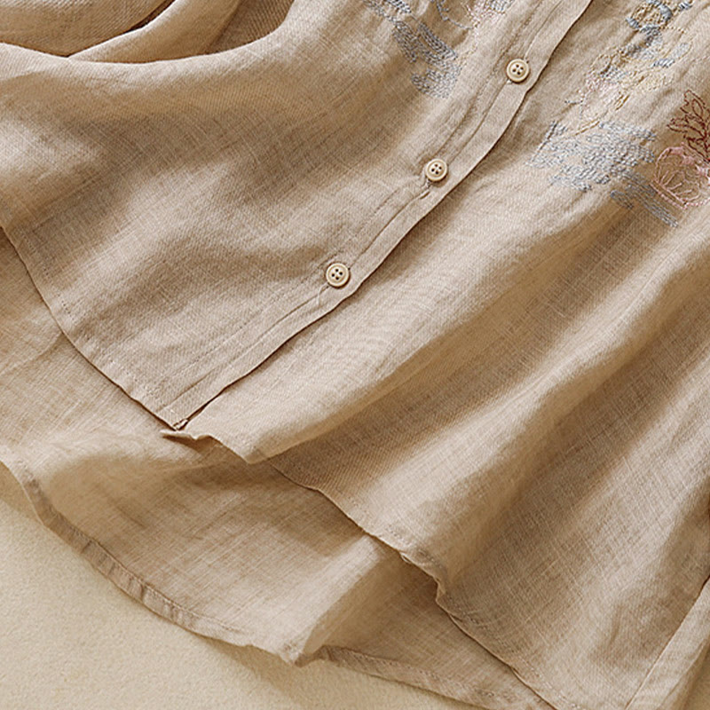 Cotton Linen Embroidered Stand Collar 3/4 Sleeve Mindful Shirt