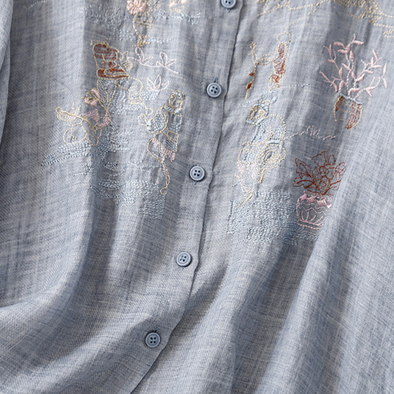 Cotton Linen Embroidered Stand Collar 3/4 Sleeve Mindful Shirt