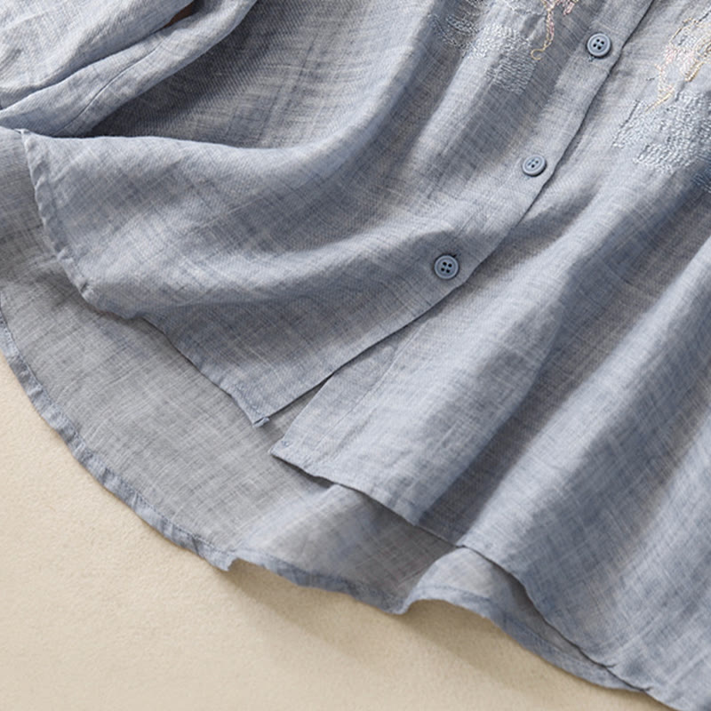 Cotton Linen Embroidered Stand Collar 3/4 Sleeve Mindful Shirt