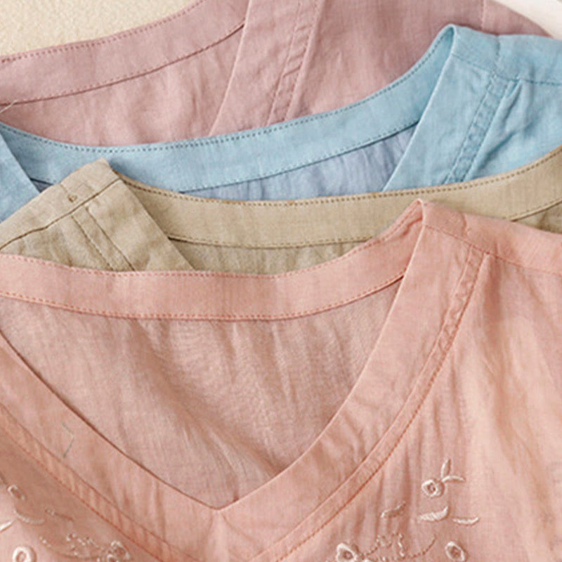 Casual Women's Embroidered Flower V-neck Design Loose Half Sleeve Cotton Linen Shirt