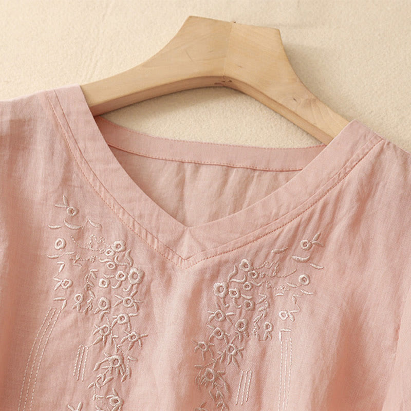 Casual Women's Embroidered Flower V-neck Design Loose Half Sleeve Cotton Linen Shirt