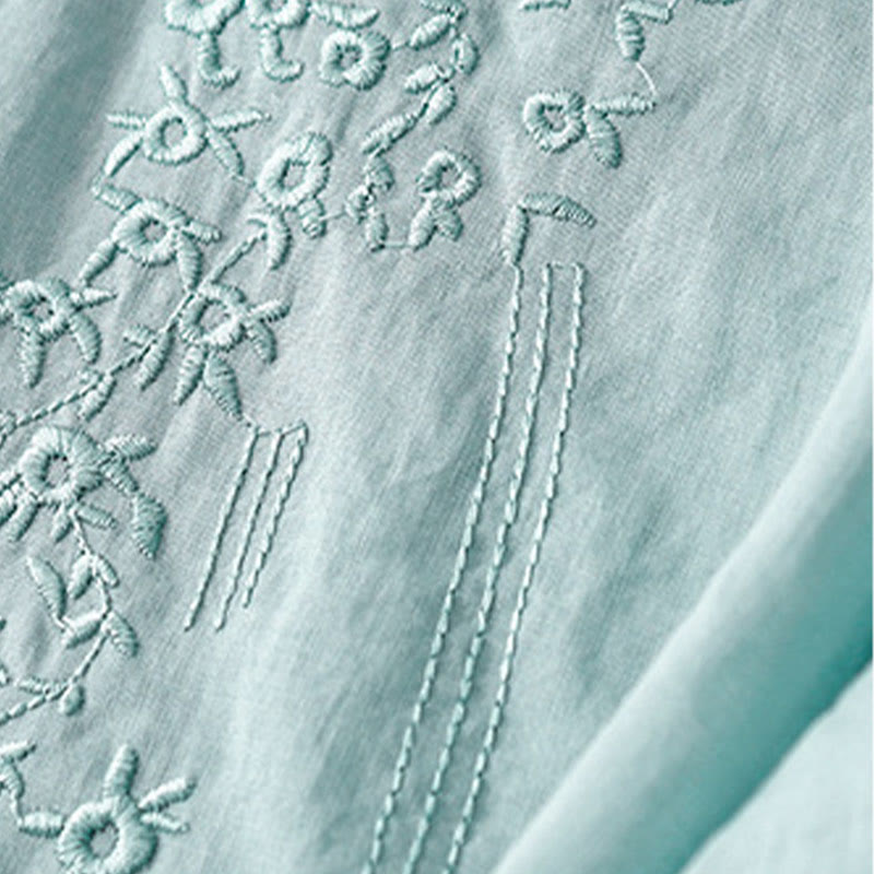 Casual Women's Embroidered Flower V-neck Design Loose Half Sleeve Cotton Linen Shirt