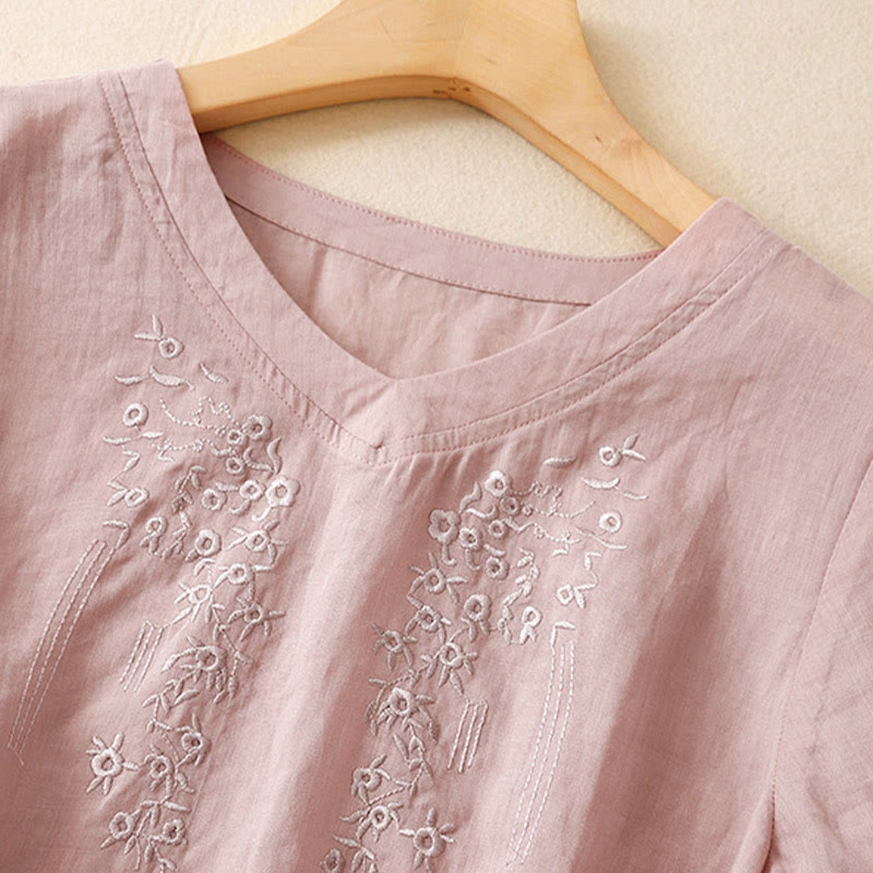 Casual Women's Embroidered Flower V-neck Design Loose Half Sleeve Cotton Linen Shirt