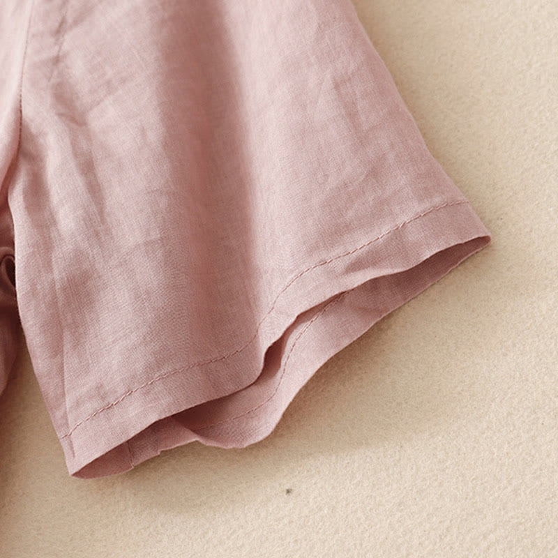 Casual Women's Embroidered Flower V-neck Design Loose Half Sleeve Cotton Linen Shirt
