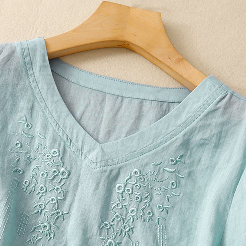 Casual Women's Embroidered Flower V-neck Design Loose Half Sleeve Cotton Linen Shirt