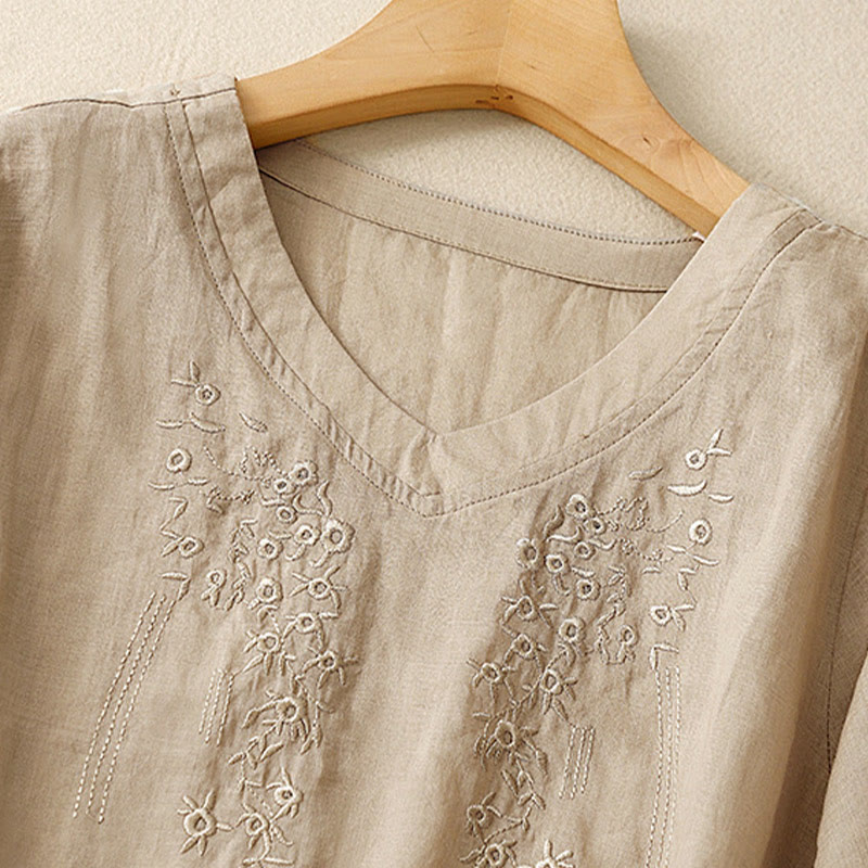 Casual Women's Embroidered Flower V-neck Design Loose Half Sleeve Cotton Linen Shirt