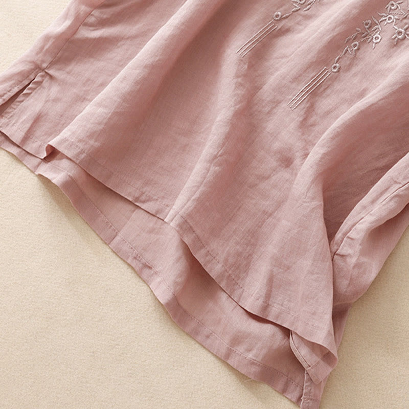 Casual Women's Embroidered Flower V-neck Design Loose Half Sleeve Cotton Linen Shirt