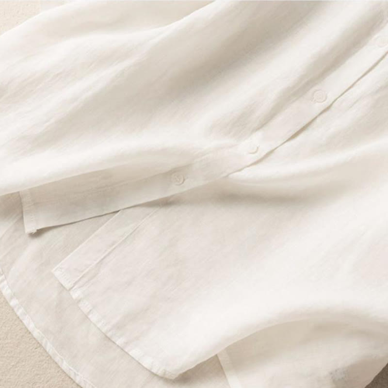 Casual Women's Embroidery Standing Collar Half Sleeve Design Cotton Linen Shirt