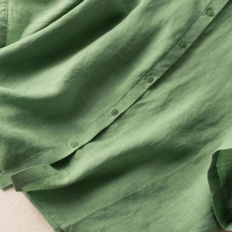 Casual Women's Embroidery Standing Collar Half Sleeve Design Cotton Linen Shirt