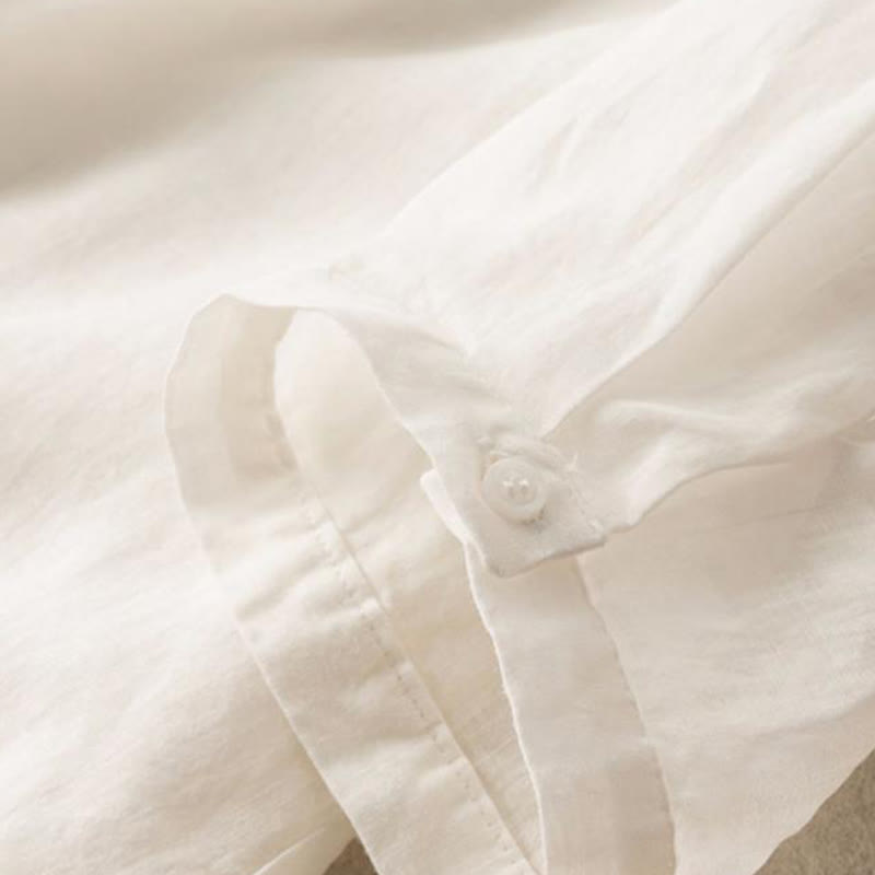 Casual Women's Embroidery Standing Collar Half Sleeve Design Cotton Linen Shirt