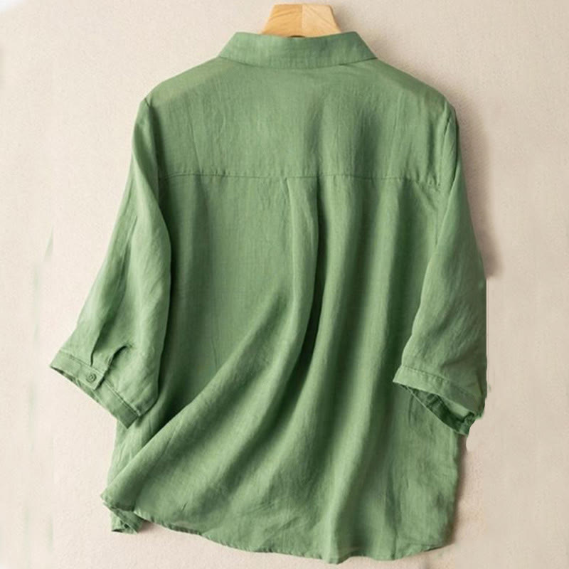 Casual Women's Embroidery Standing Collar Half Sleeve Design Cotton Linen Shirt