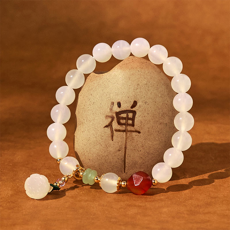 White Agate Red Agate Lotus Pod Charm Luck Bracelet