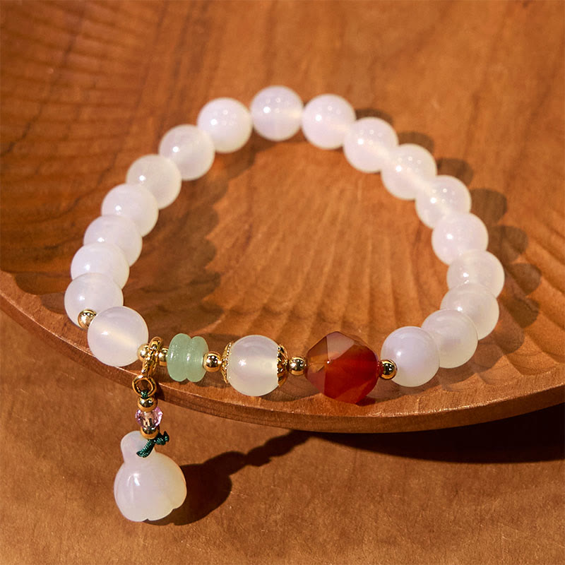 White Agate Red Agate Lotus Pod Charm Luck Bracelet