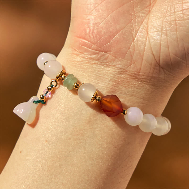 White Agate Red Agate Lotus Pod Charm Luck Bracelet