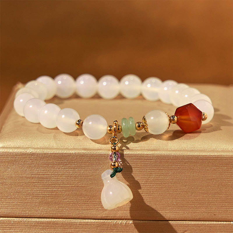 White Agate Red Agate Lotus Pod Charm Luck Bracelet