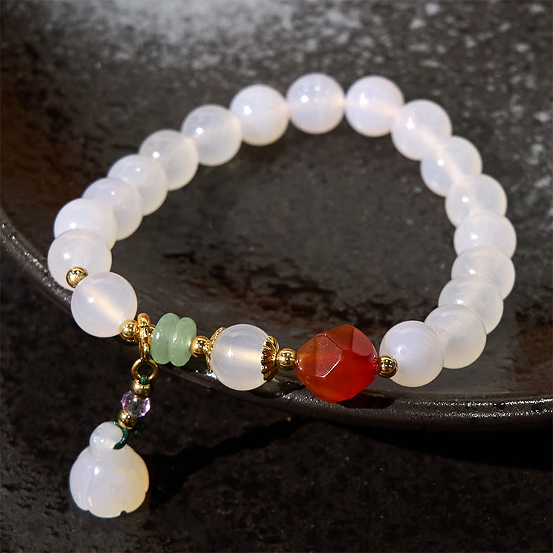 White Agate Red Agate Lotus Pod Charm Luck Bracelet