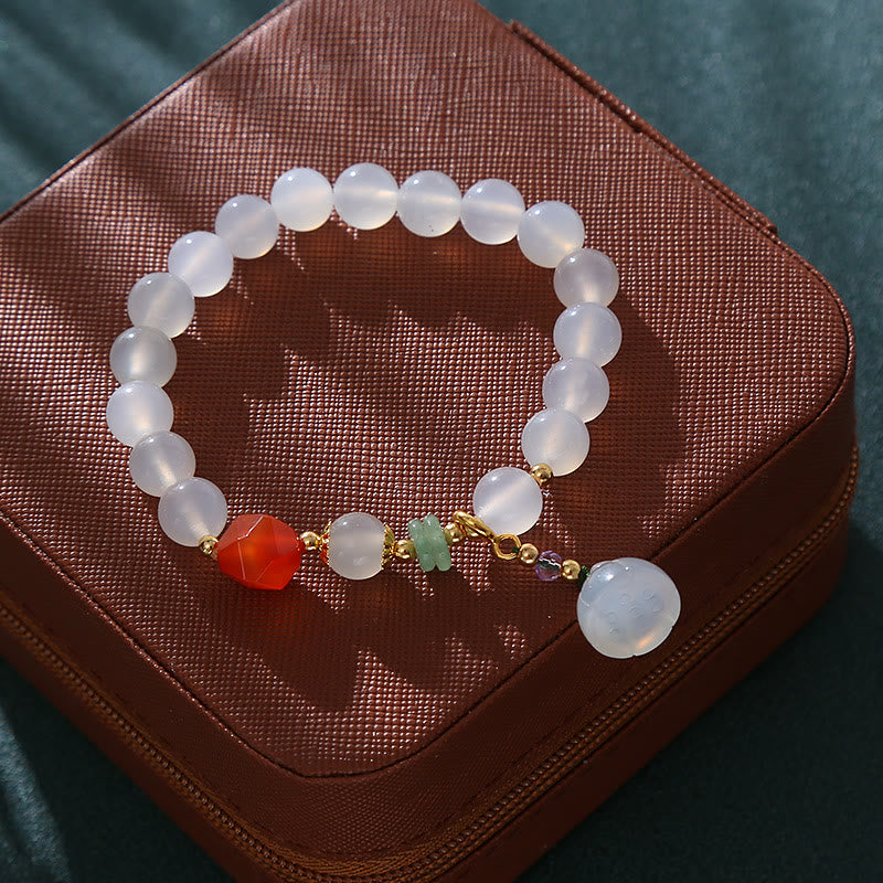White Agate Red Agate Lotus Pod Charm Luck Bracelet